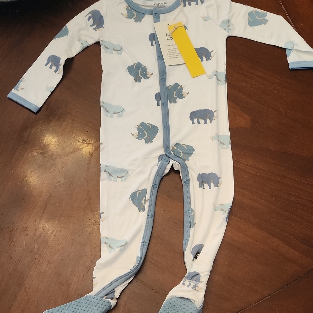 Kyte BABY Rhino Blue and White Footed One Piece Print Long Sleeve Foootie